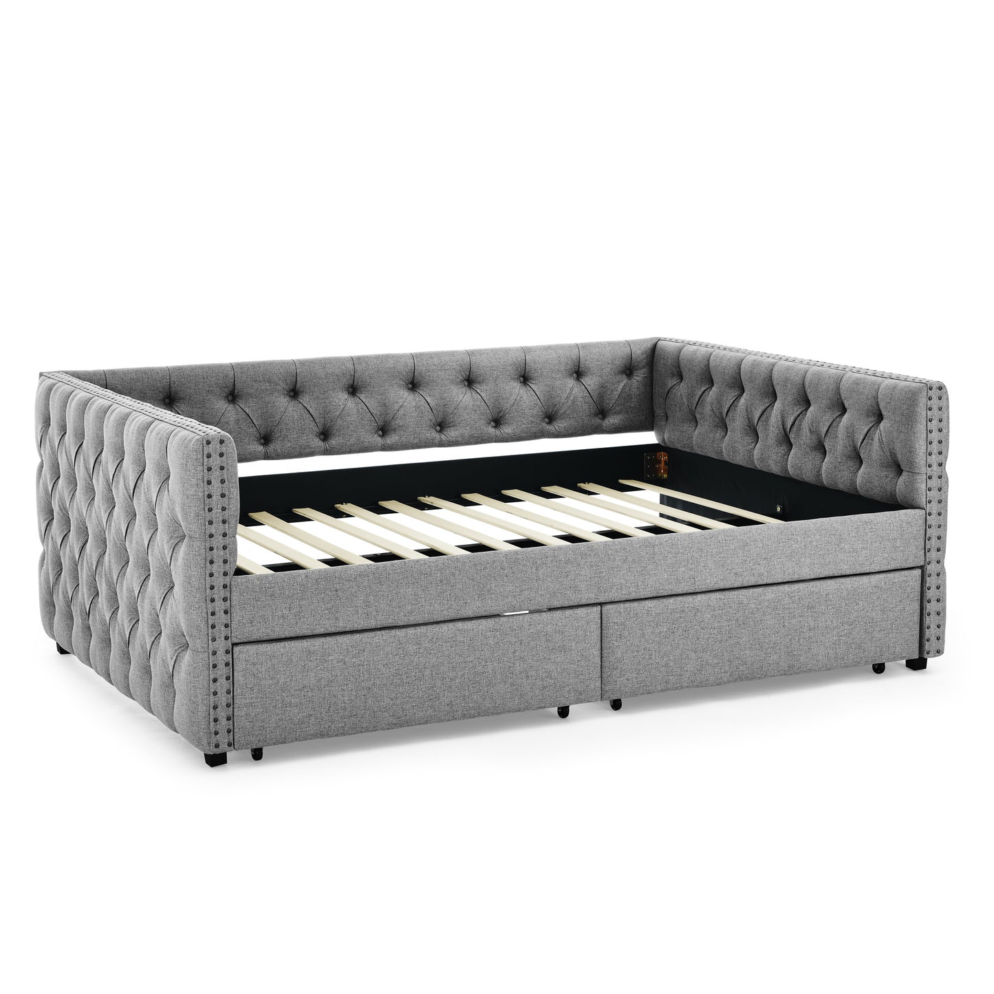 upholstered full size bed with two drawers, grey