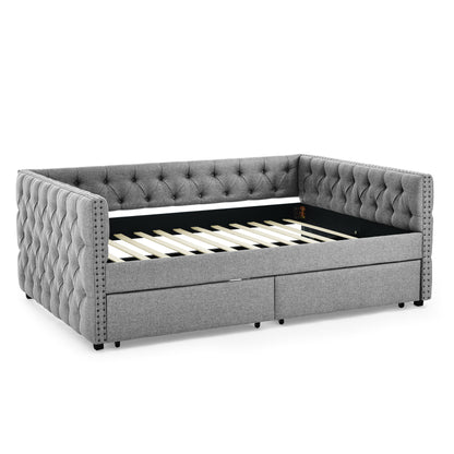 Upholstered Full Size Bed with Two Drawers, Grey