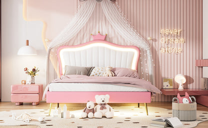 Modern Upholstered Princess Bed With Crown Headboard and LED Lights, White+Pink