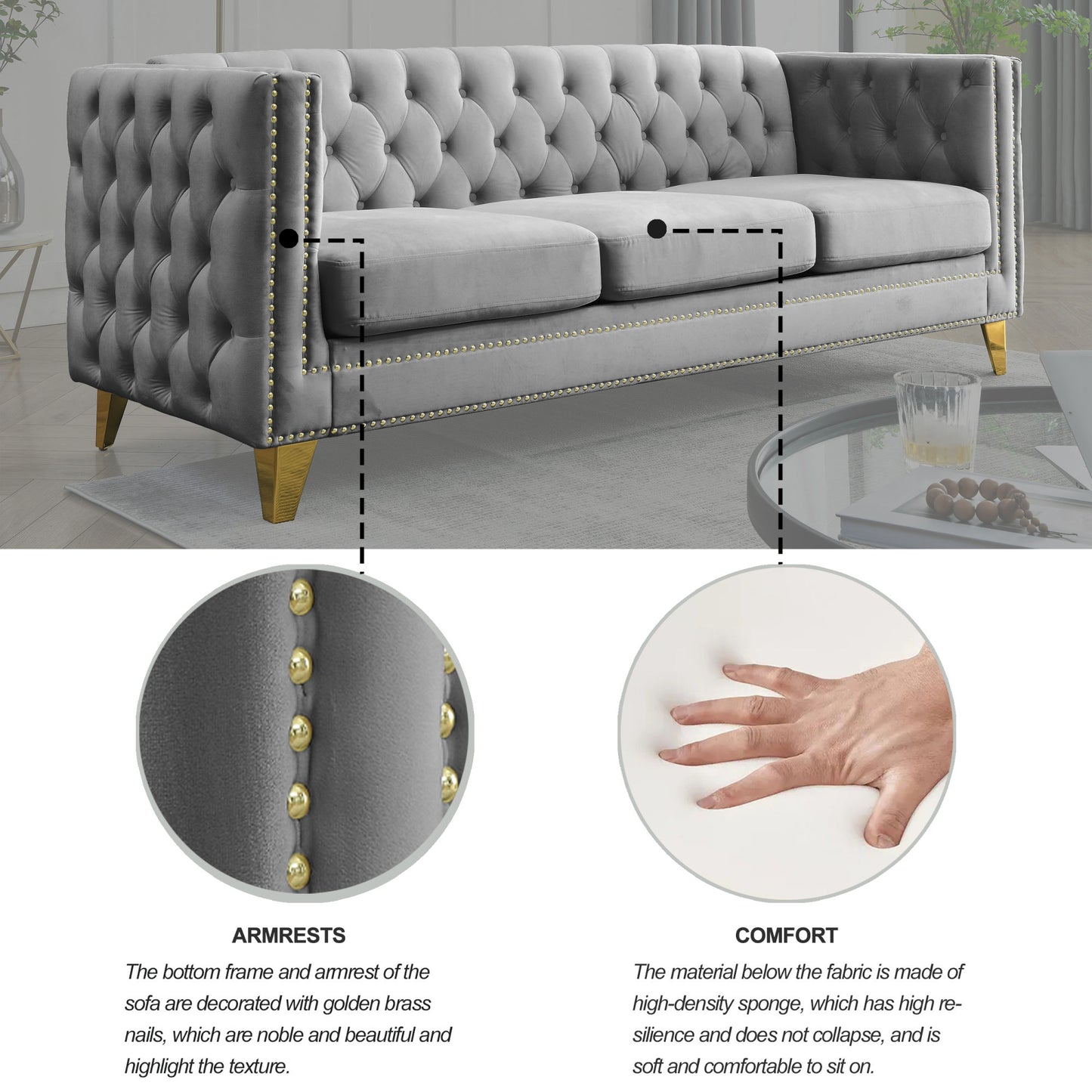 velvet sofa tufted square arm couch, grey velvet