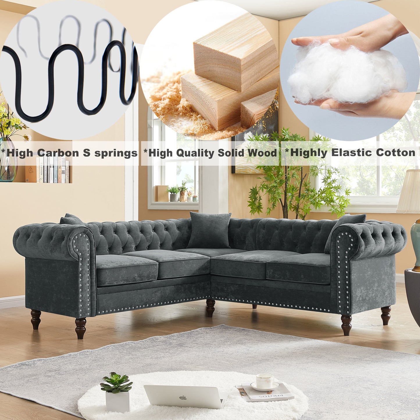 moe upholstered sectional, grey velvet