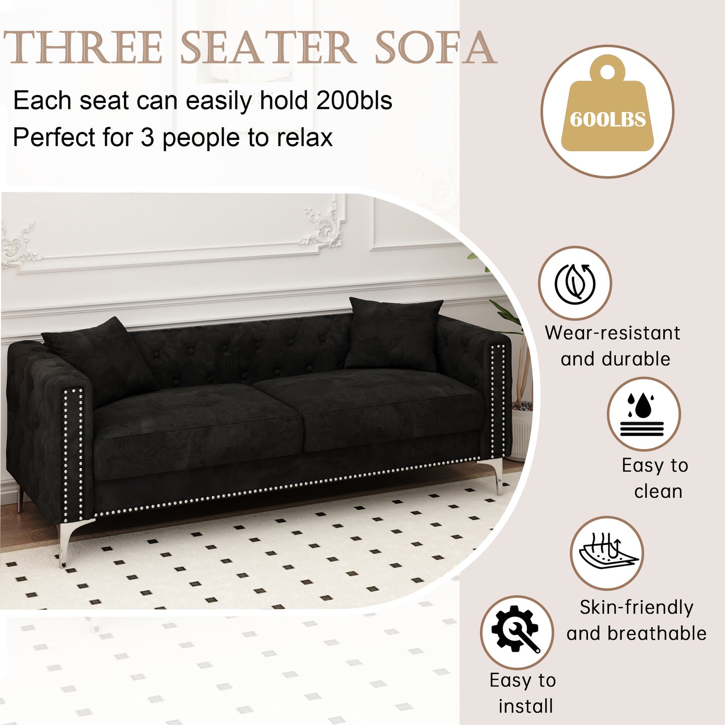 morgan sofa includes 2 pillows, black velvet