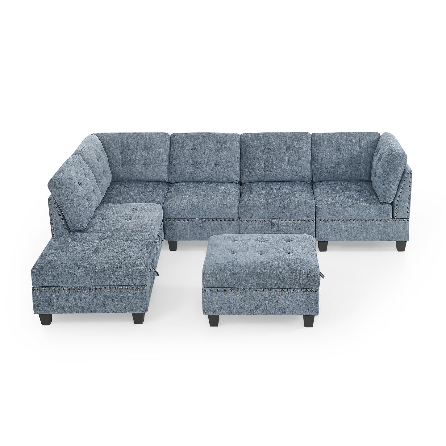 l shape modular sectional sofa includes 2 ottomans, navy blue