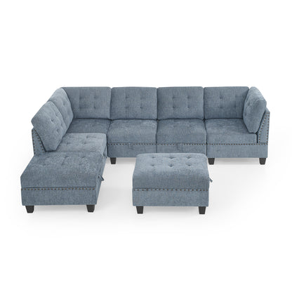 L shape Modular Sectional Sofa includes 2 Ottomans, Navy Blue