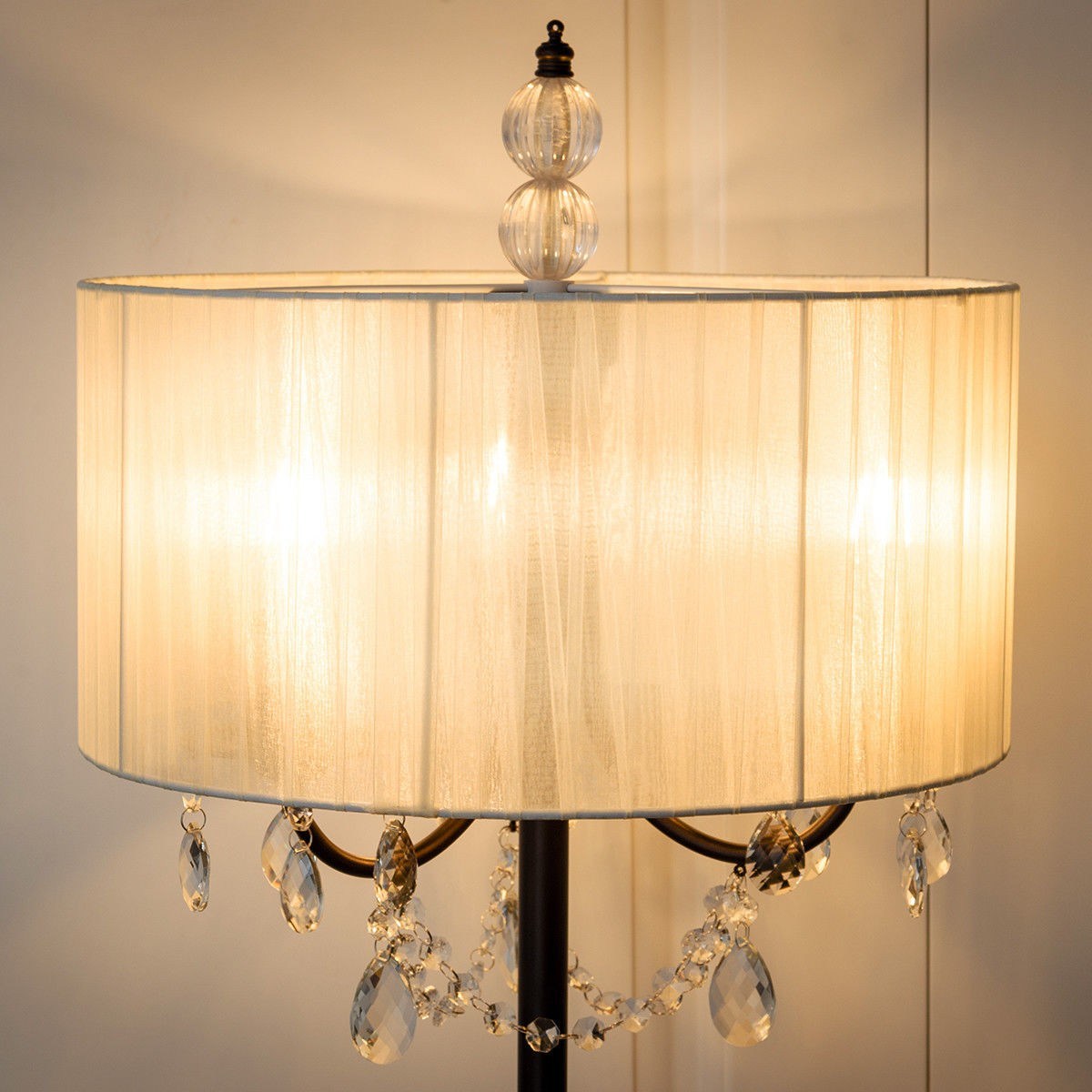 elegant sheer shade floor lamp w/ hanging crystal led bulbs