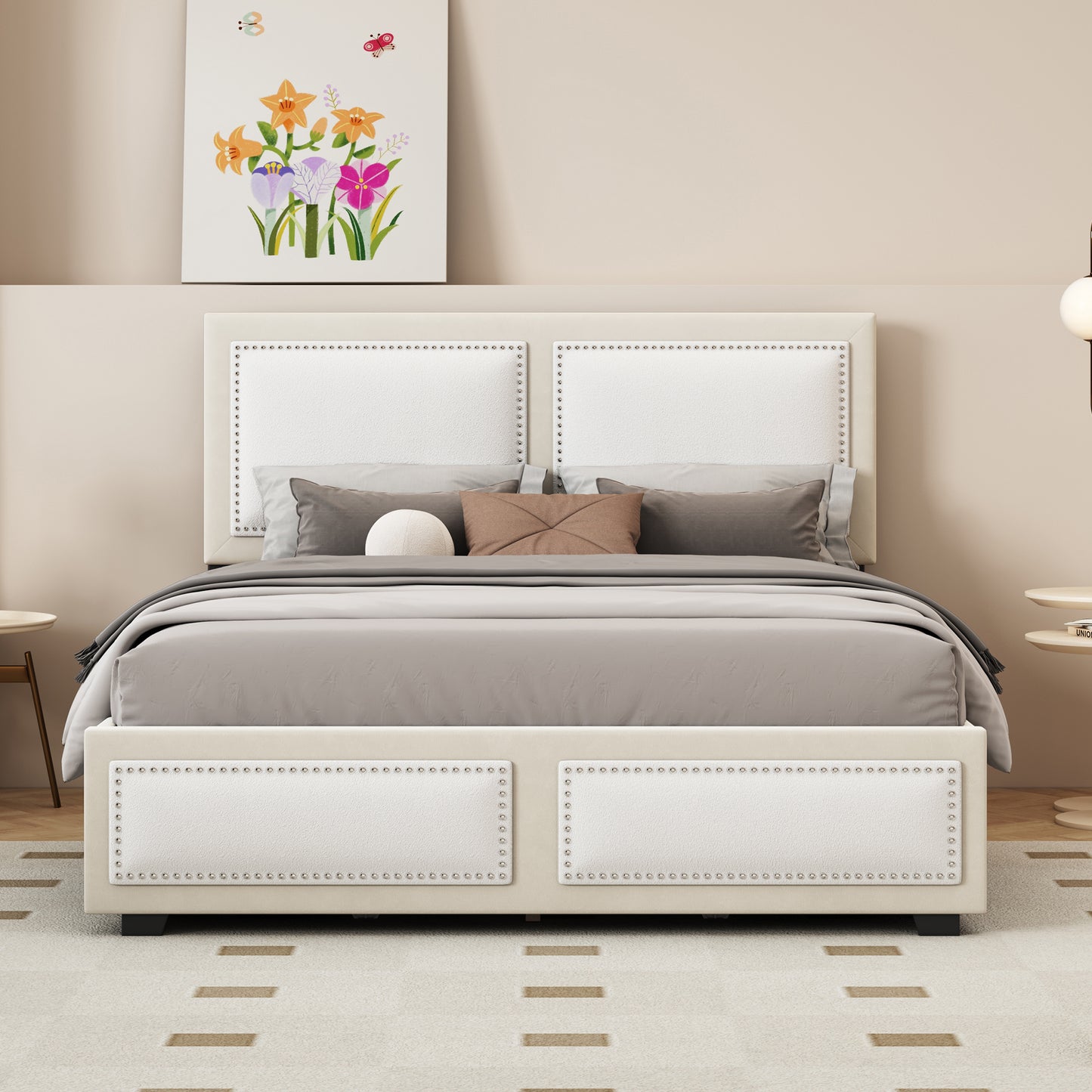 teddy upholstered platform bed with large rivet-decorated backrests and 4 drawers, velvet beige+white