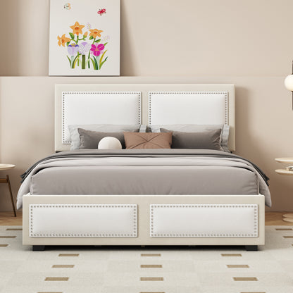 Teddy Upholstered Platform Bed with Large Rivet-decorated Backrests and 4 Drawers, Velvet Beige+White