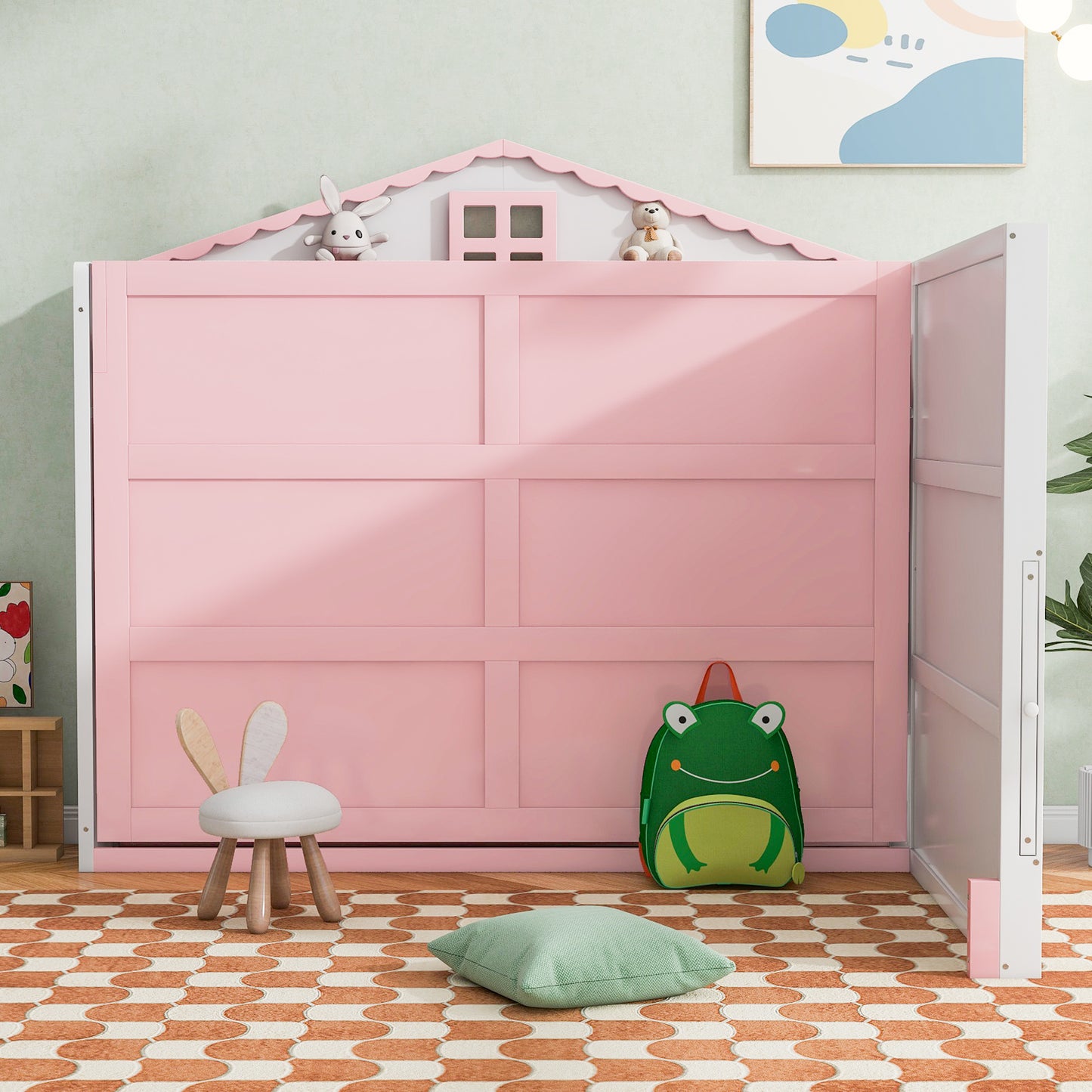 house murphy bed with usb, storage shelves and blackboard, pink+white