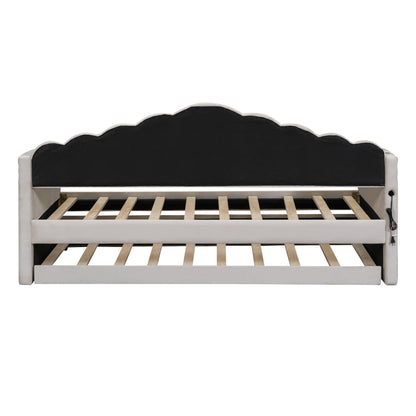Upholstered Velvet Bed with USB Charging Ports, Beige