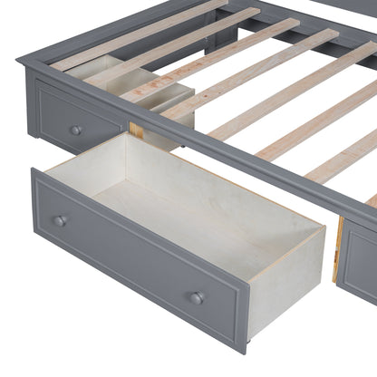 Wood Bed with Multi-Storage Shelves, Charging Station and 3 Drawers, Gray