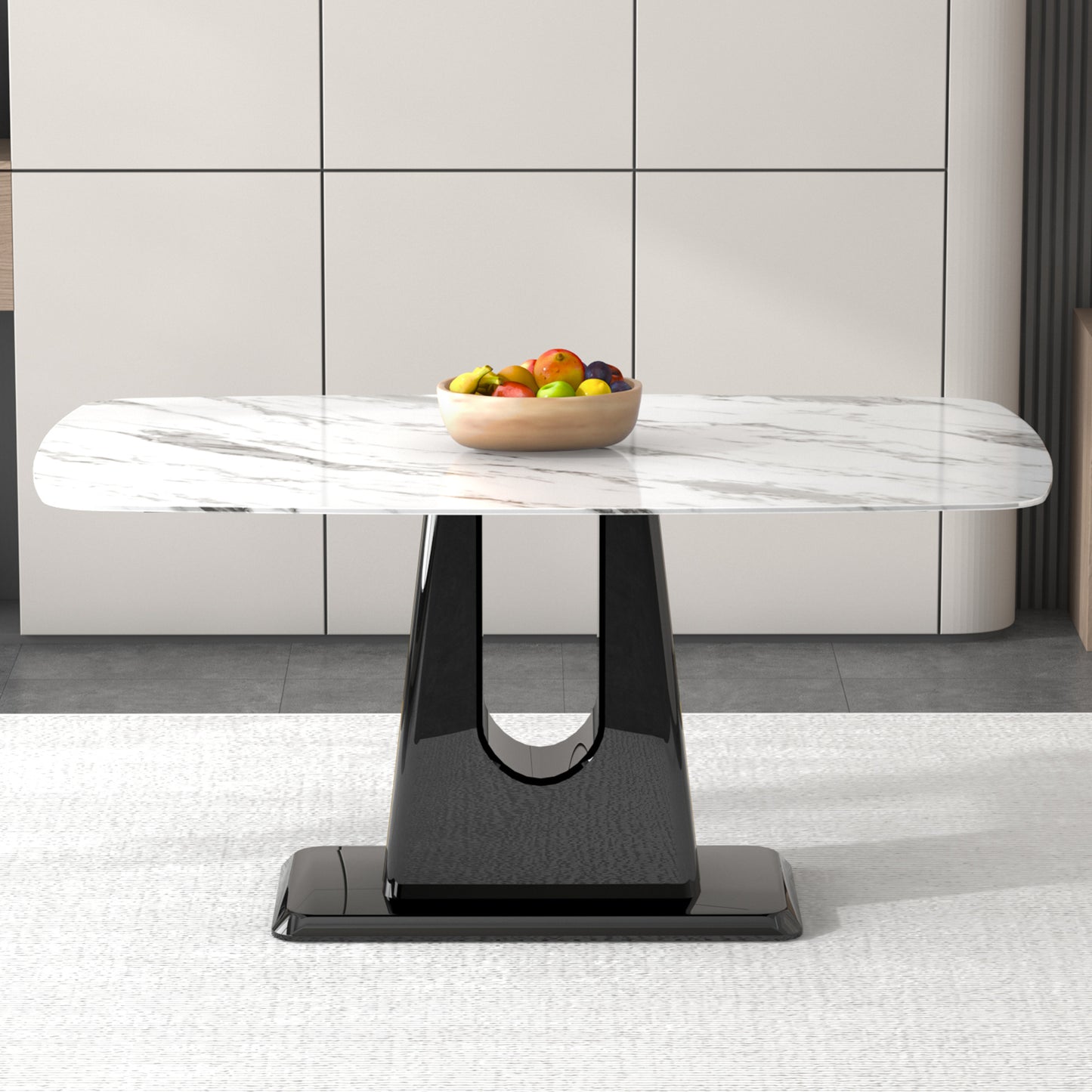 a modern, minimalist, and luxurious dining table with a white imitation marble tabletop and mdf legs with u-shaped brackets. tables in restaurants and living rooms 63"*35.4"*30 f-u