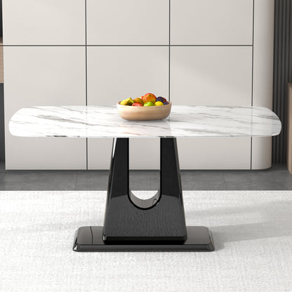 A modern, minimalist, and luxurious dining table with a white imitation marble tabletop and MDF legs with U-shaped brackets. Tables in restaurants and living rooms 63"*35.4"*30 F-U