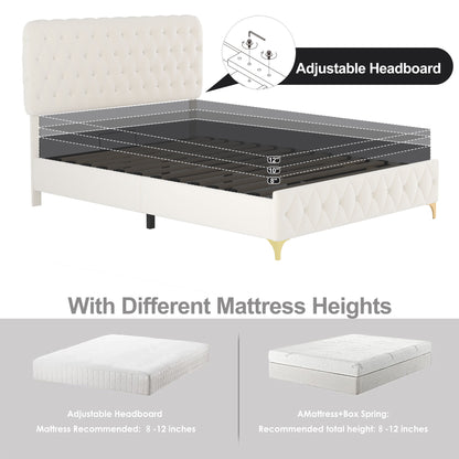 Velvet Upholstered Bed with Deep Tufted Buttons & pneumatic hydraulic function, Beige