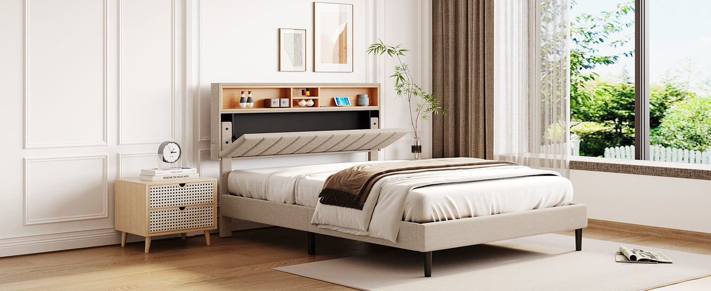 upholstered platform bed with storage headboard and usb port