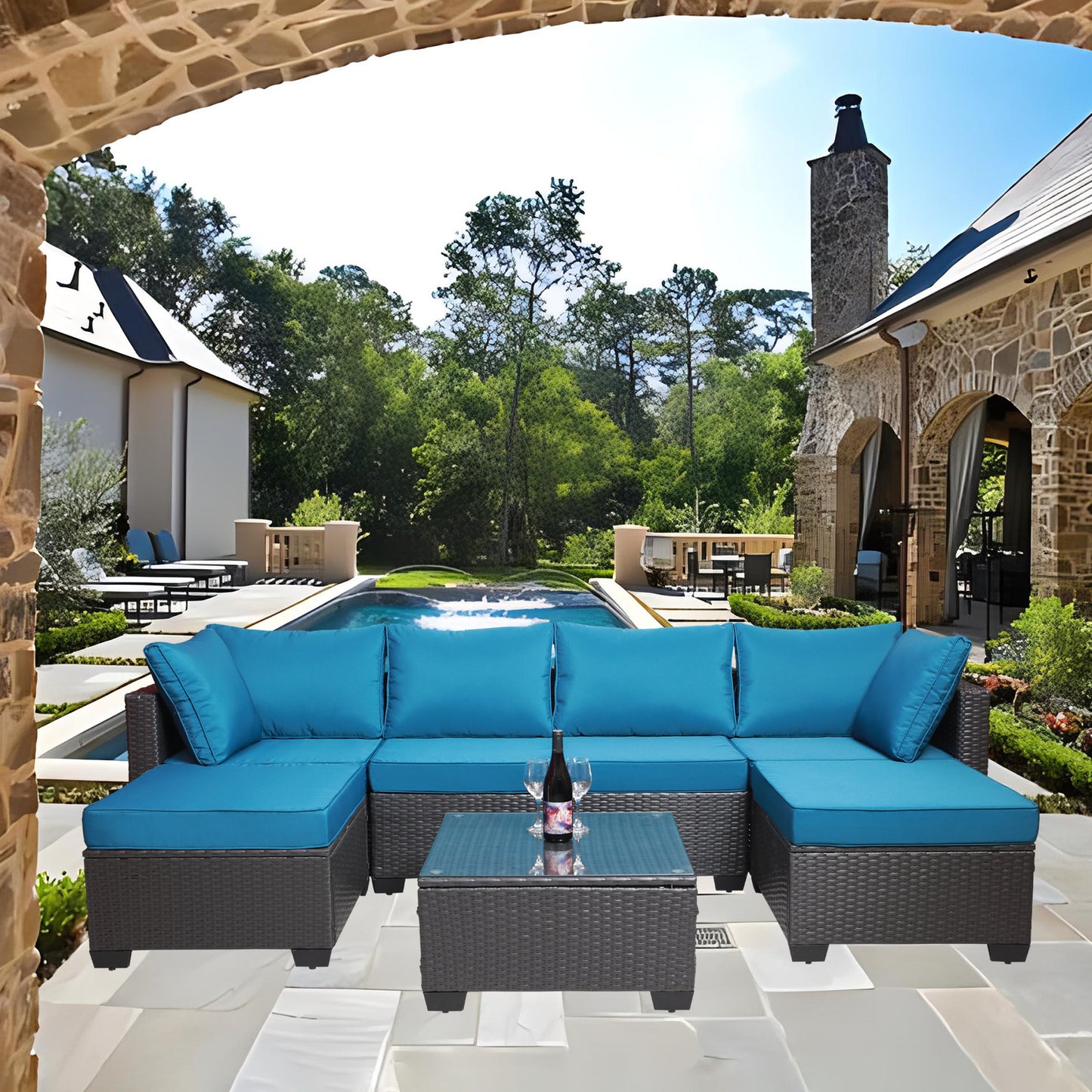 7-piece pe rattan wicker cushioned sofa sets and coffee table