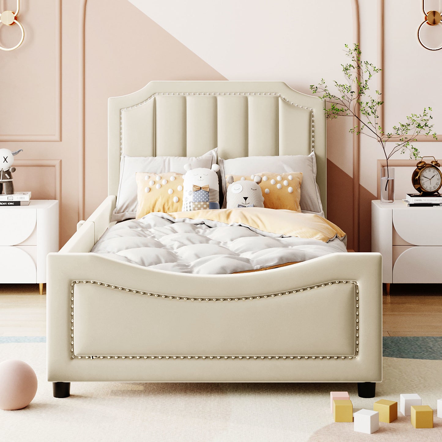 maya upholstered bed with classic stripe shaped headboard, beige