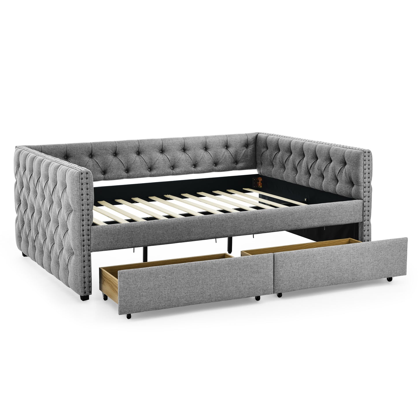upholstered full size bed with two drawers, grey