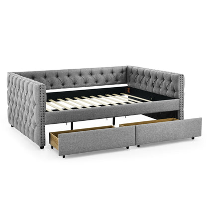Upholstered Full Size Bed with Two Drawers, Grey