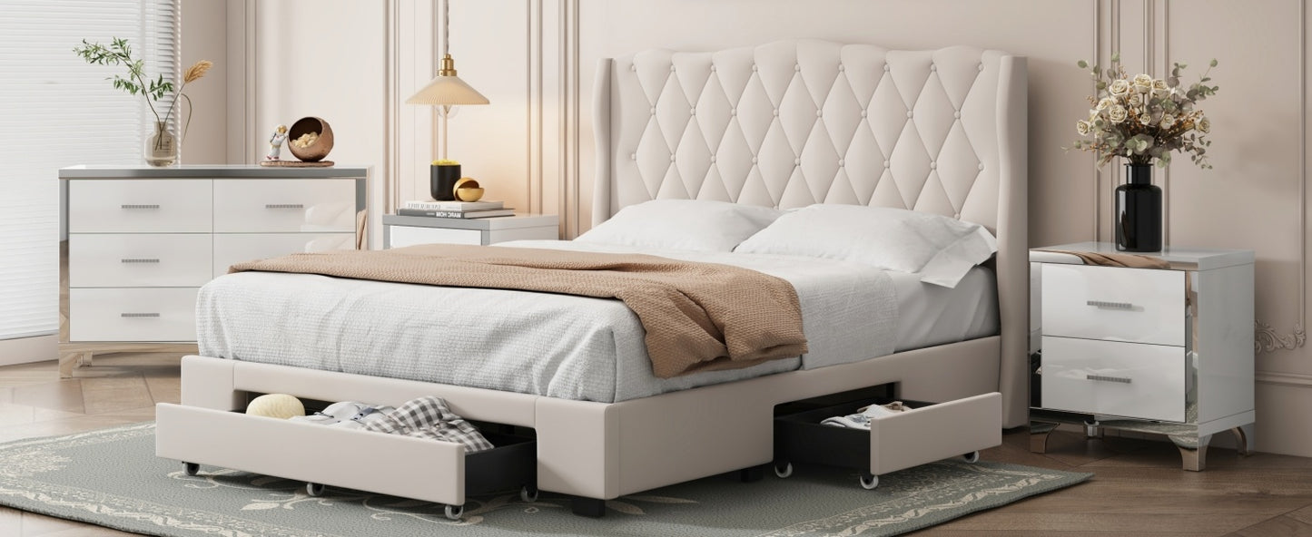emily upholstered platform bed with tufted headboard and 3 drawers,beige