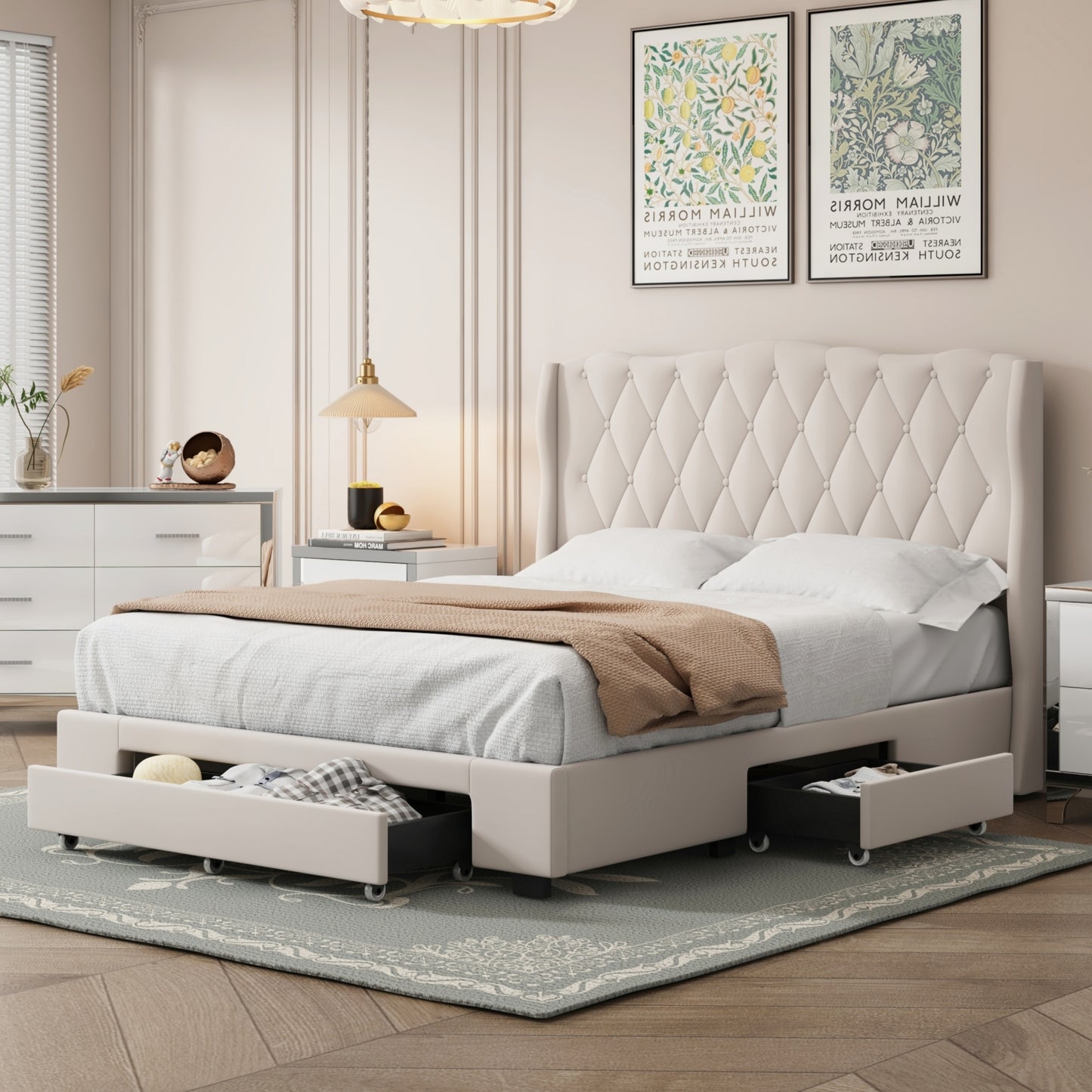emily upholstered platform bed with tufted headboard and 3 drawers,beige