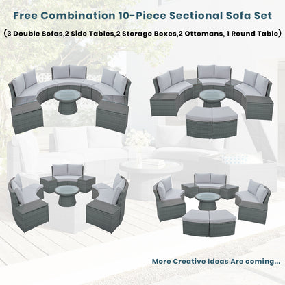 10-Piece Outdoor Sectional Half Round Patio Rattan Sofa Set, Light Gray