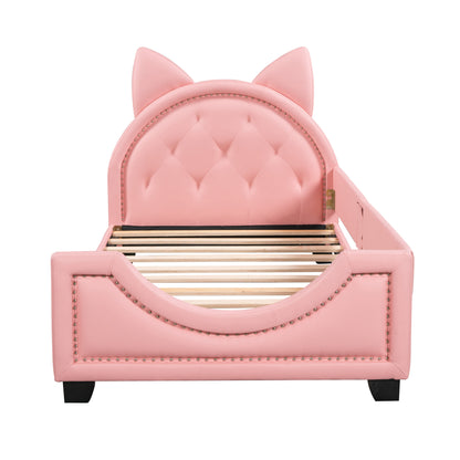 Upholstered Daybed with Carton Ears Shaped Headboard, Pink