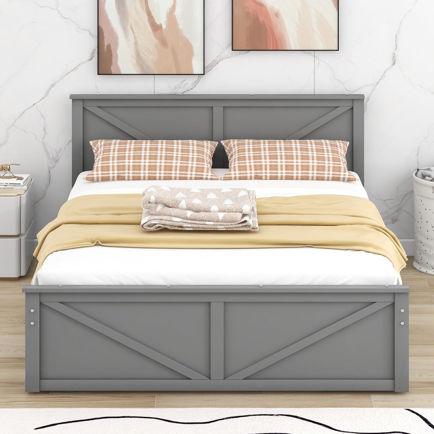 country wooden platform bed with four storage drawers