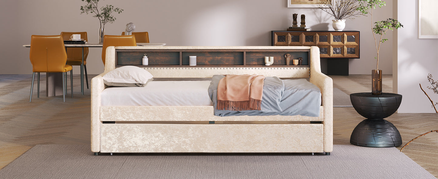 twin size snowflake velvet bed with built-in storage shelves, beige