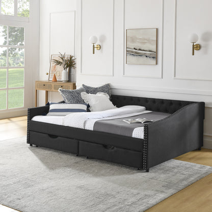Queen Size Daybed with Drawers Upholstered Tufted Sofa Bed,,with Button on Back and Copper Nail on Waved Shape Arms(84.5"x63.5"x26.5")