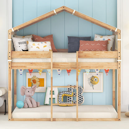 Twin Over Twin Bunk Bed Wood Bed with Tent