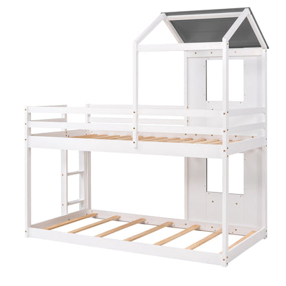 Twin Over Twin Bunk Bed Wood Bed with Roof, Window, Guardrail, and Ladder
