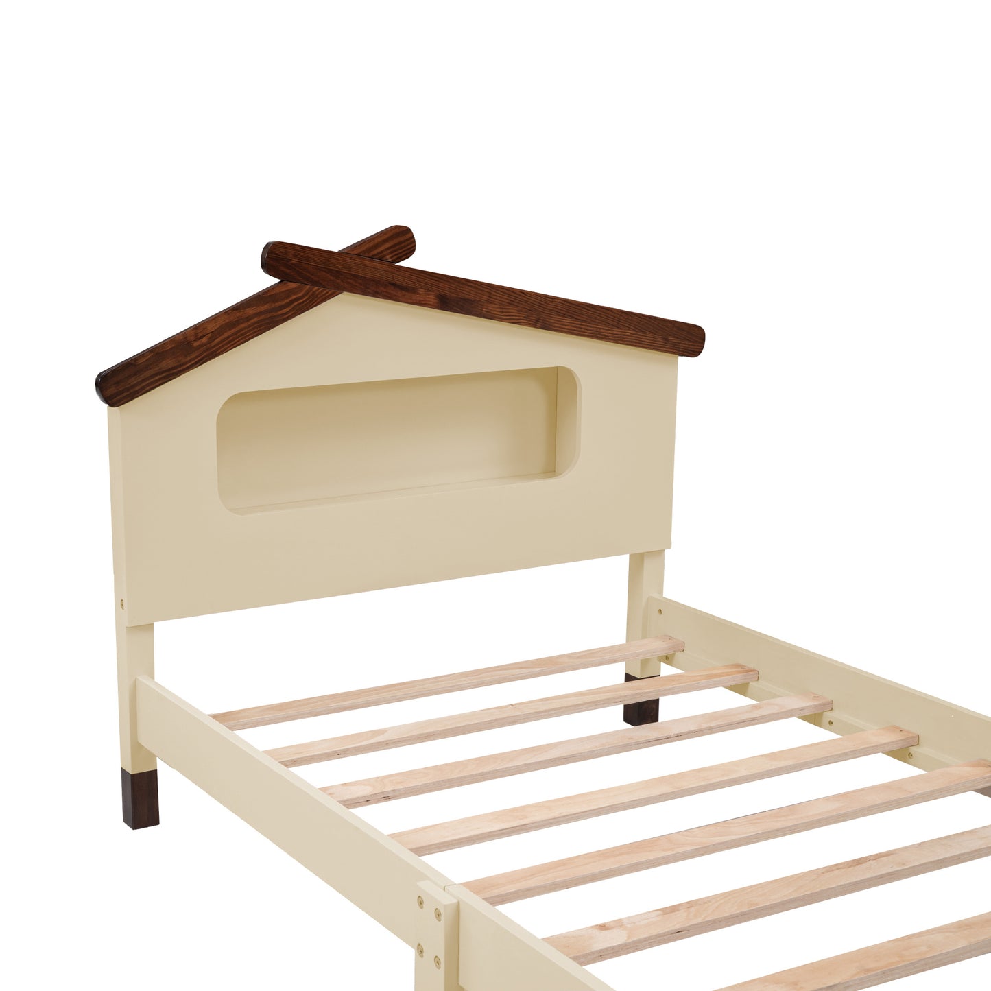 wood platform bed with house-shaped headboard and motion activated night lights, cream+walnut