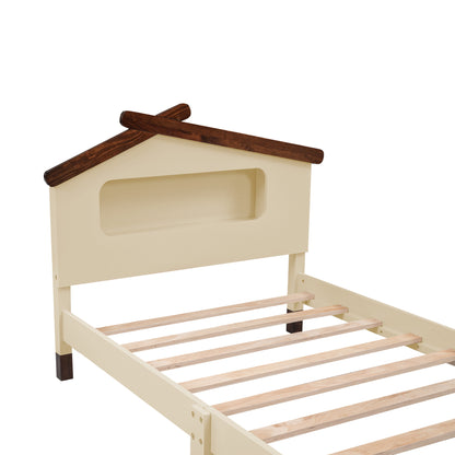 Wood Platform Bed with House-shaped Headboard and Motion Activated Night Lights, Cream+Walnut