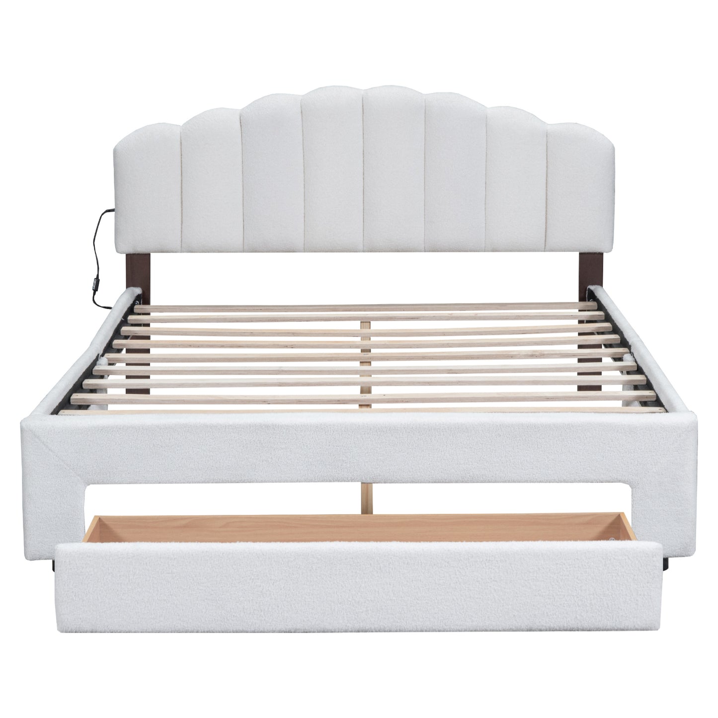teddy fleece upholstered platform bed with drawer, white