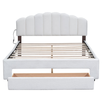 Teddy Fleece Upholstered Platform Bed with Drawer, White