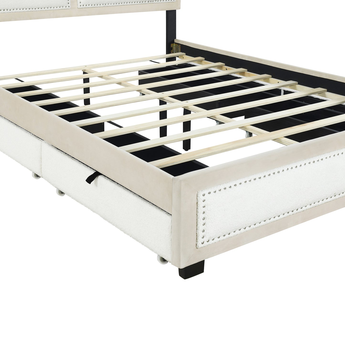 teddy upholstered platform bed with large rivet-decorated backrests and 4 drawers, velvet beige+white