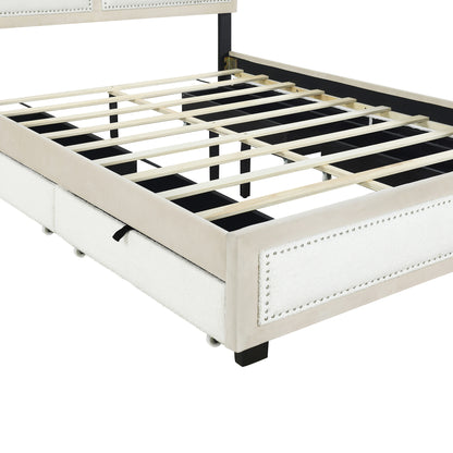Teddy Upholstered Platform Bed with Large Rivet-decorated Backrests and 4 Drawers, Velvet Beige+White