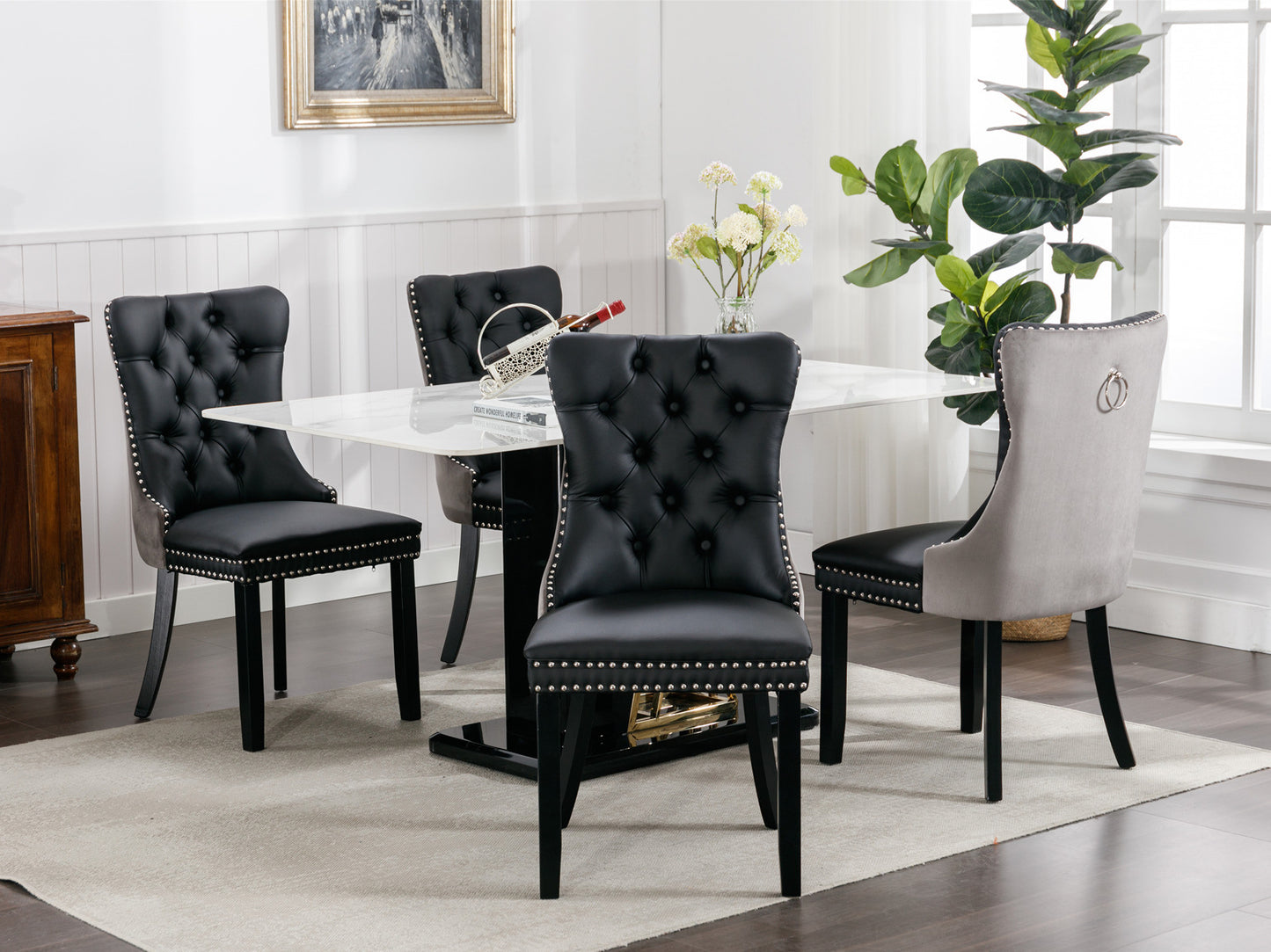 nikki collection modern high-end tufted dining chairs 2-pcs set, black+gray