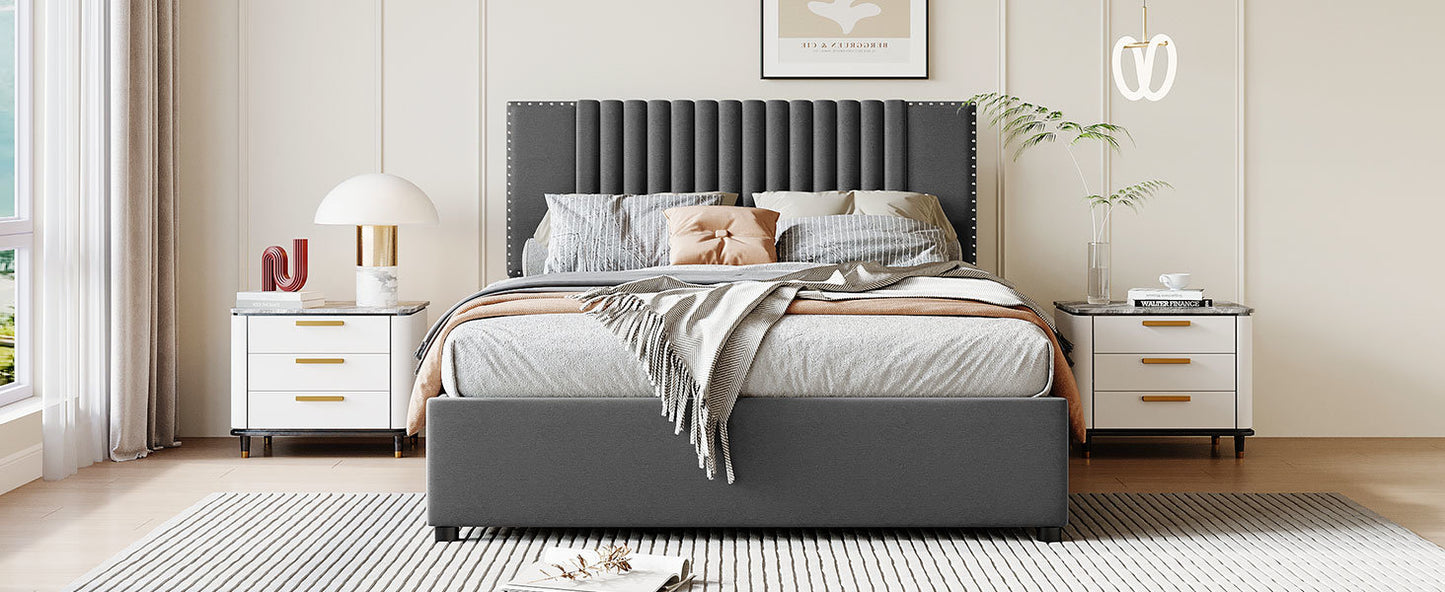 upholstered platform bed with classic headboard and 4 drawers, gray