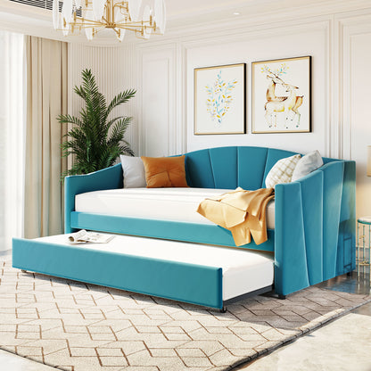 Upholstered Daybed with Trundle Bed and Wood Slat ; Blue