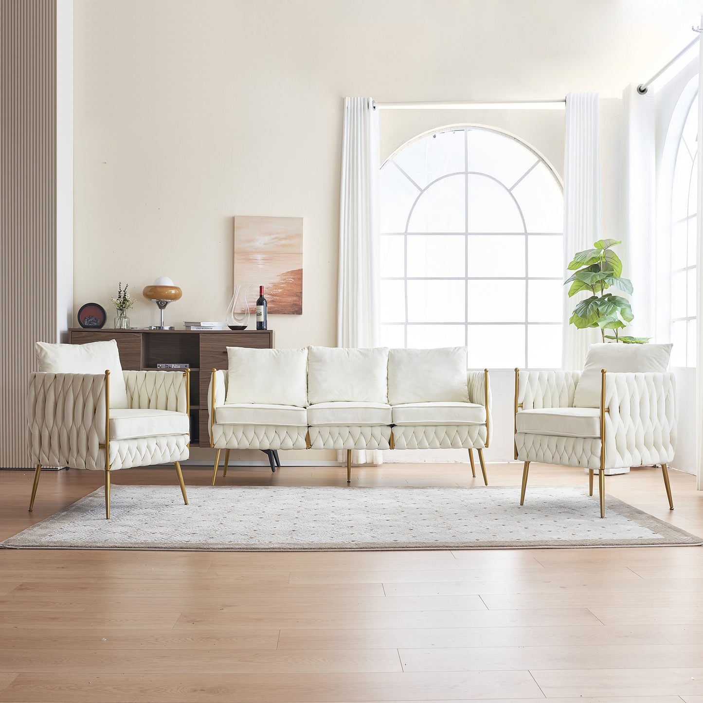 2 pieces modern upholstered couch set, cream white velvet