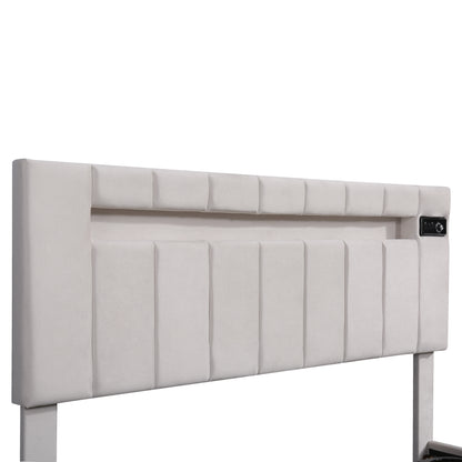Velvet Upholstered Hydraulic Storage Bed with LED light, Bluetooth Player, and USB Charging