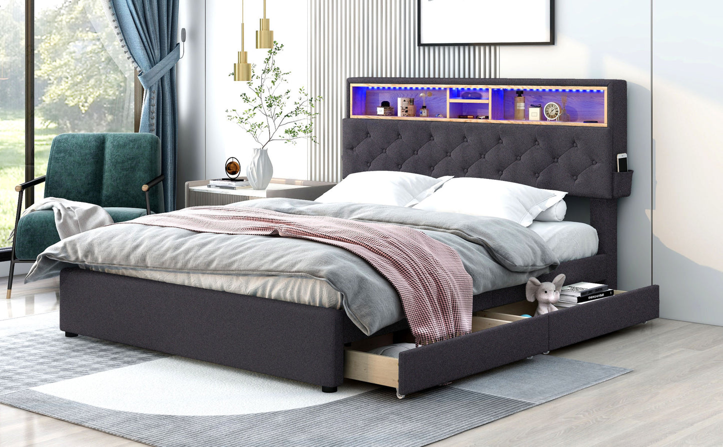 queen size upholstered platform bed with storage headboard, led, usb charging and 2 drawers, dark gray
