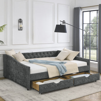 Morgan Queen Size Daybed with Drawers Upholstered Tufted Sofa Bed, Grey