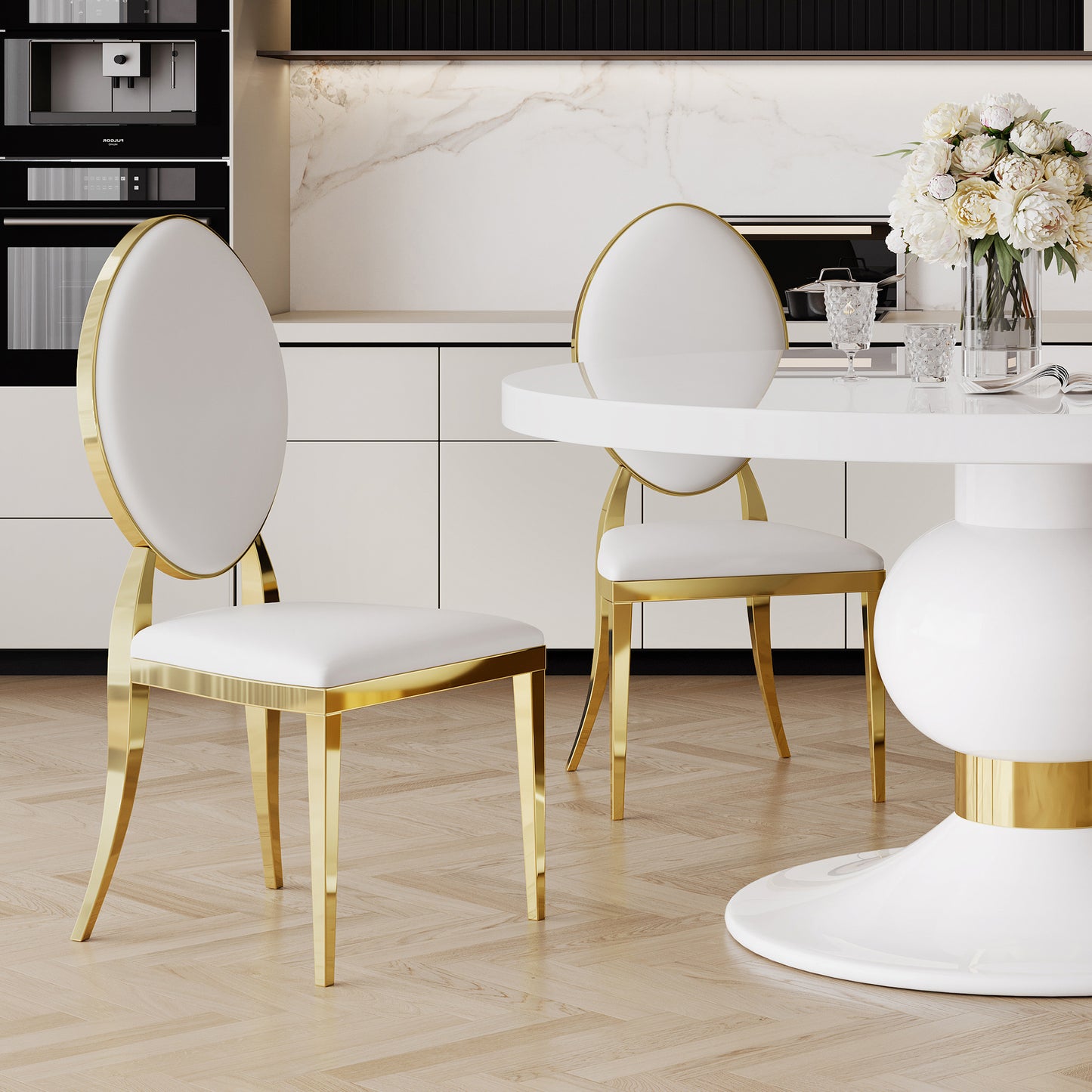 59" round white mdf dining table, base with gold finish stainless steel circle