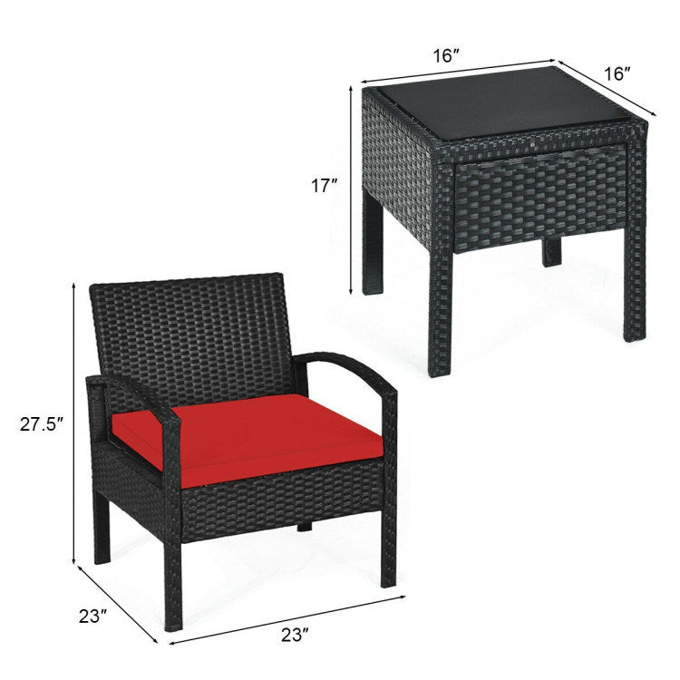 3 pieces outdoor rattan patio conversation set with seat cushions