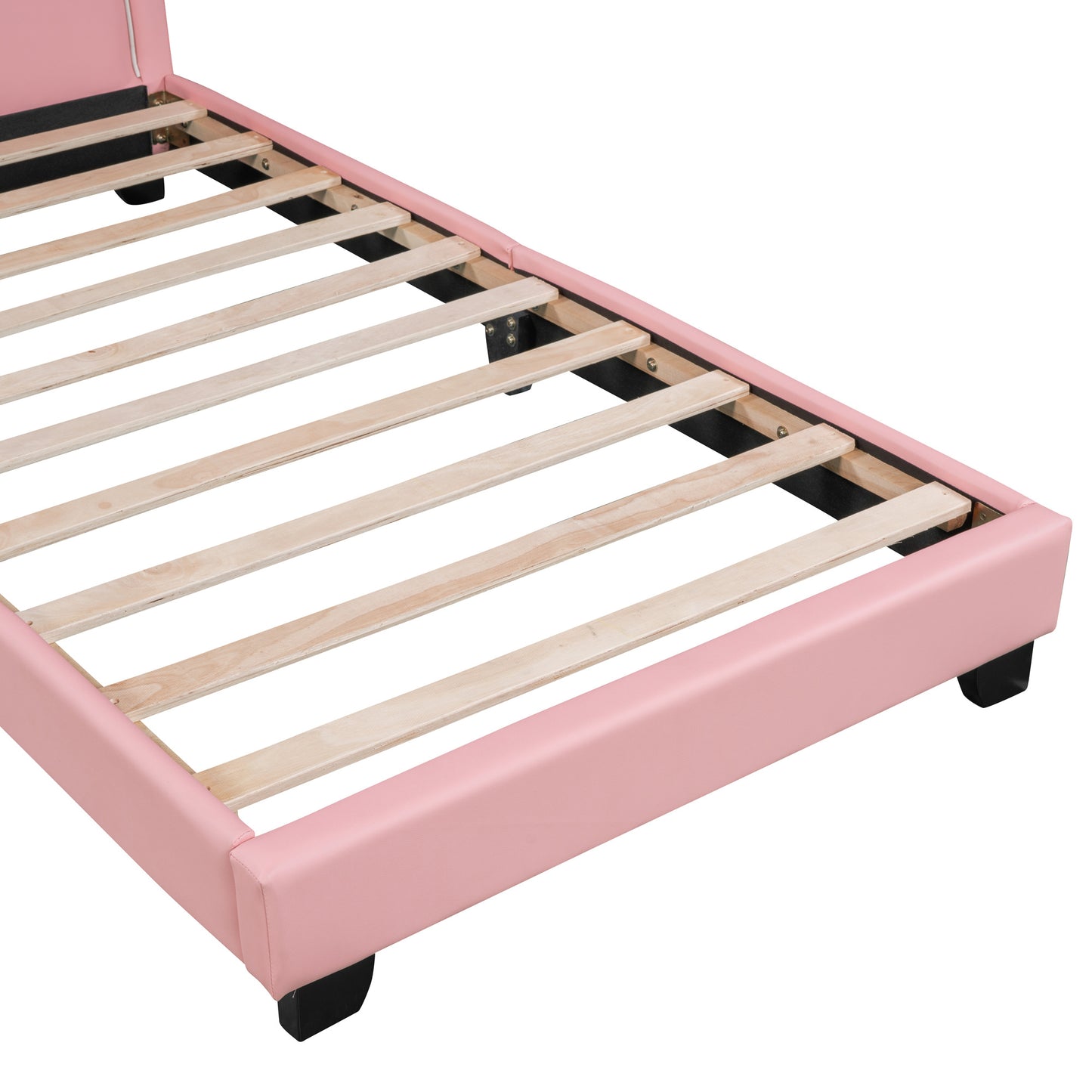 twin size upholstered leather platform bed with rabbit ornament, pink