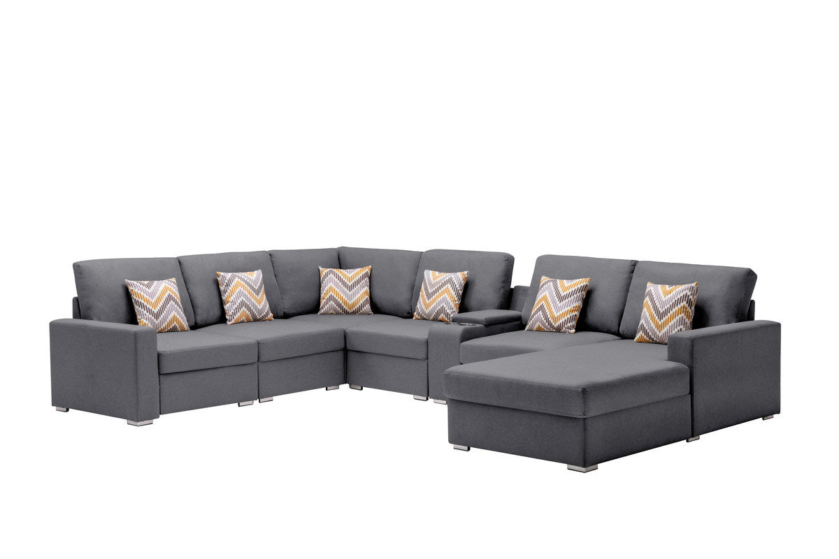 nolan 7pc reversible chaise sectional sofa with a usb, charging ports, cupholders, storage console table and pillows