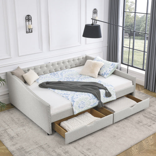 morgan queen size daybed with drawers upholstered tufted sofa bed, beige