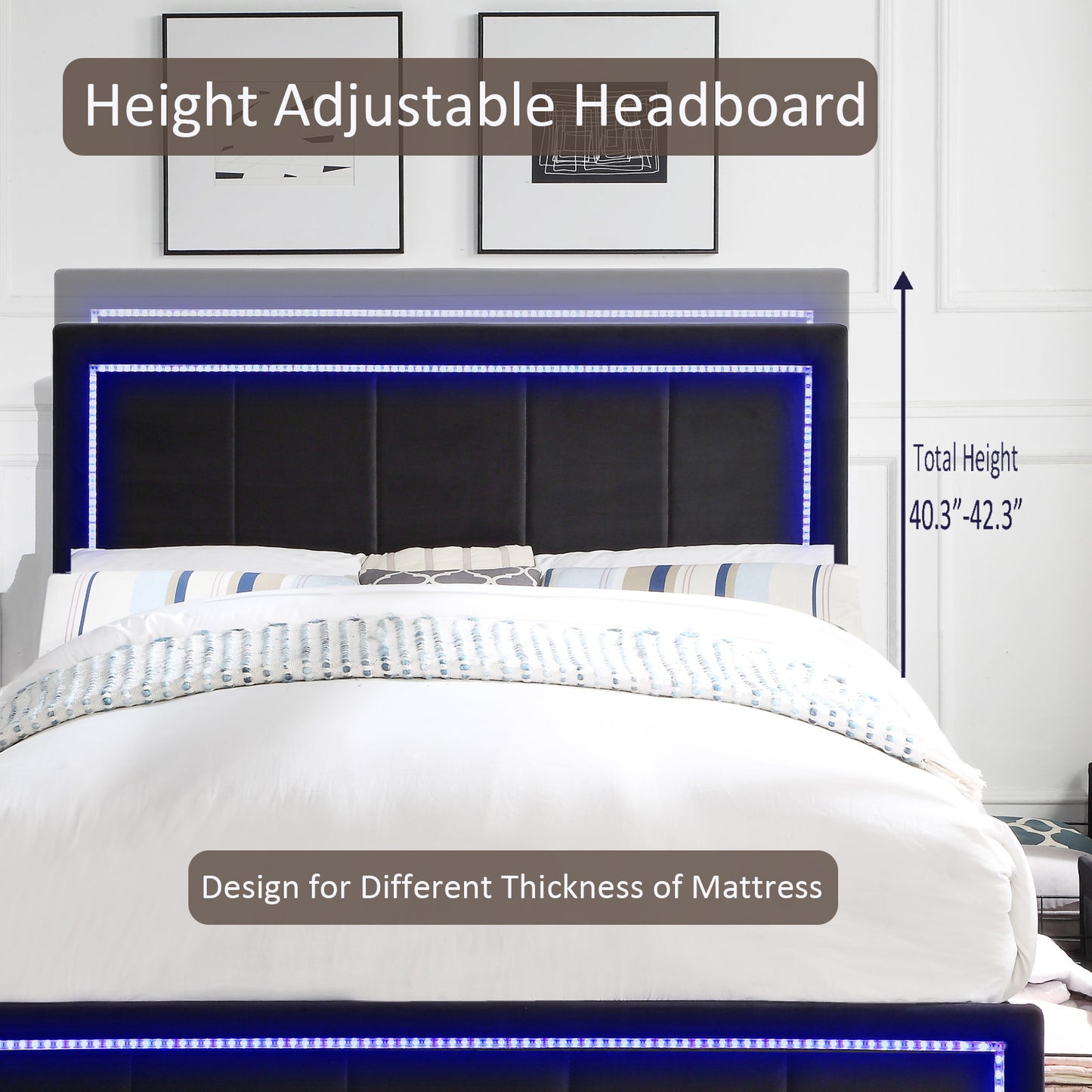 upholstered queen size platform bed with led lights, storage bed with 4 drawers, black